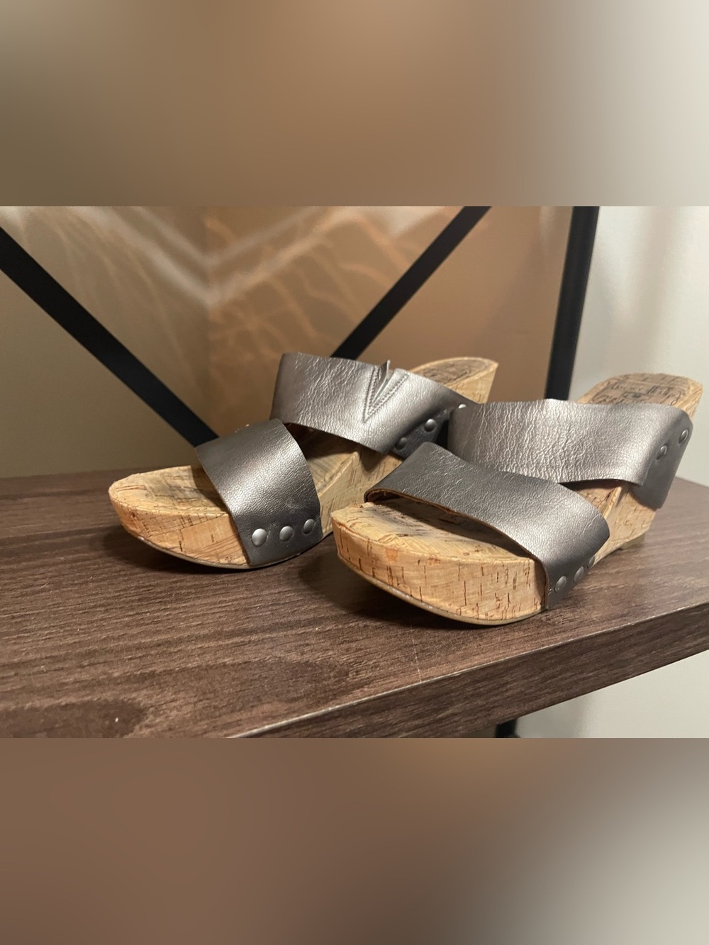 Lucky Brand Metallic Gray Cork Slide Mules